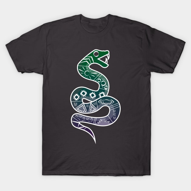 Mexican Aztec Snake Design Green and Purple T-Shirt by JDP Designs